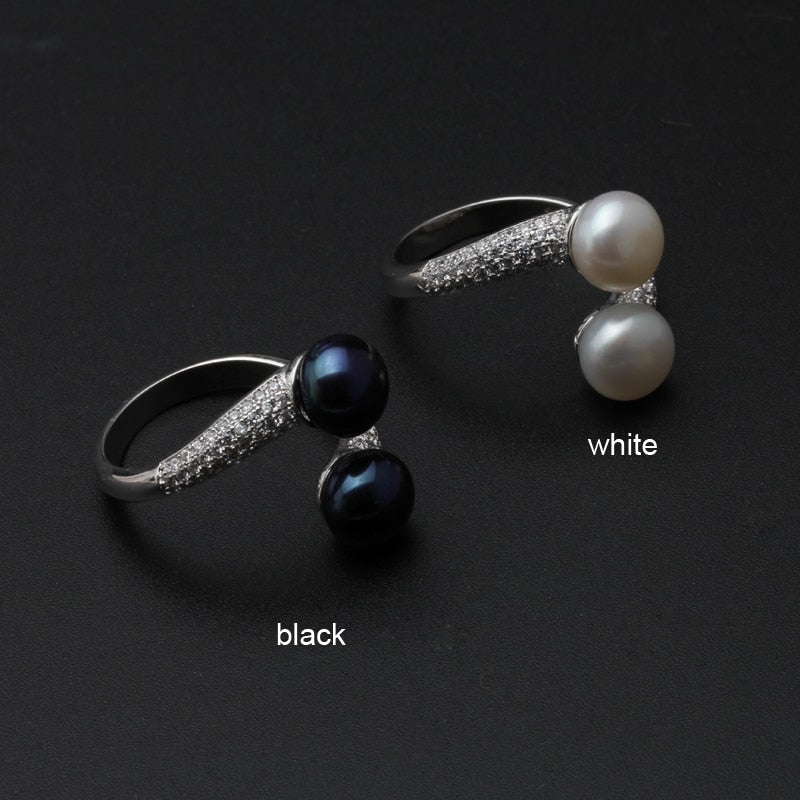 Real 925 Sterling Silver Double Pearl Rings Women,daughter gift bridal black pearl ring