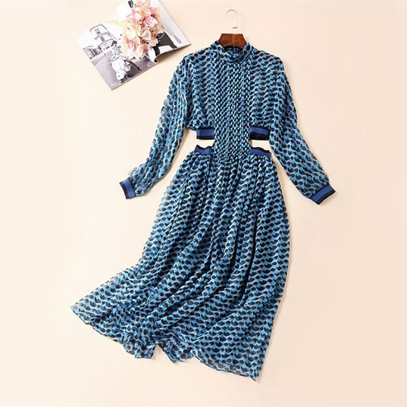 High neck Chiffon Summer Dress, With wavy prints. Long Sleeves, High Waist opened on the sides to the back.