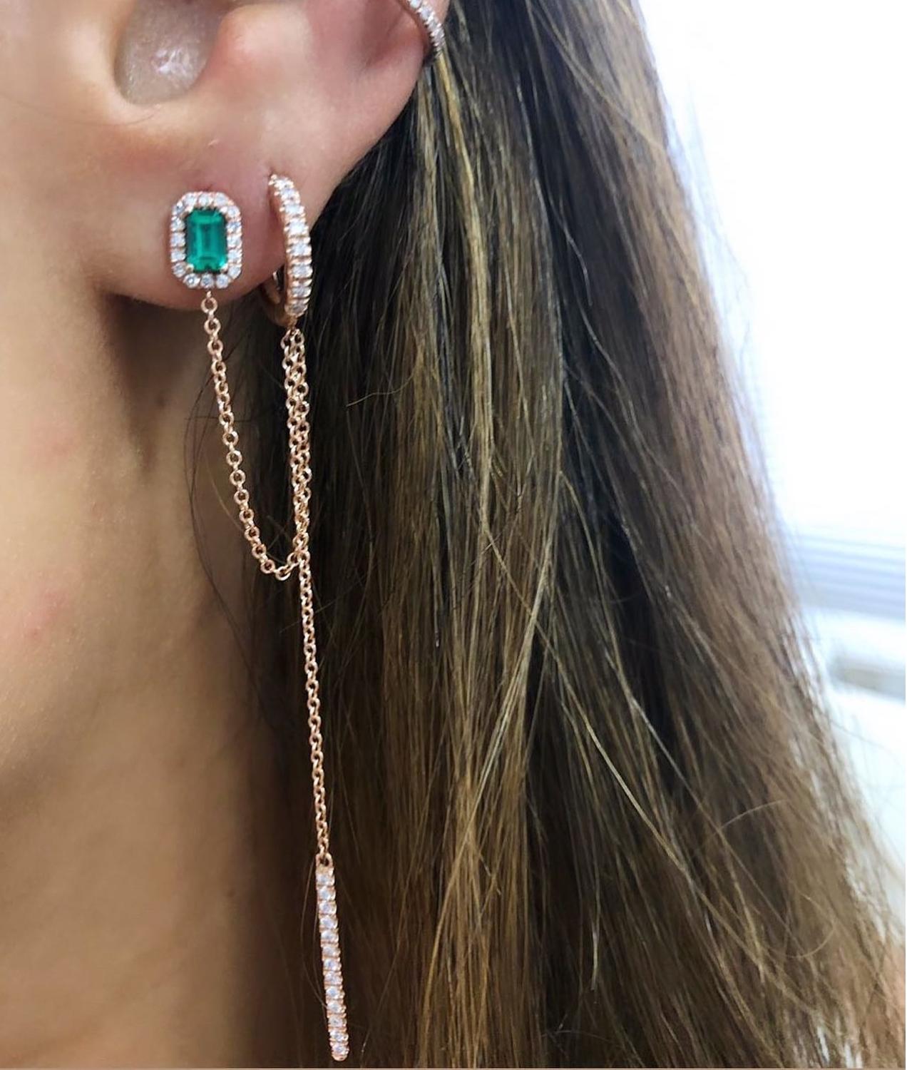 double piercing silver color / rose, gold, clear green, baguette cubic zirconia / long chain earring