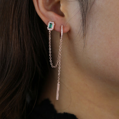 double piercing silver color / rose, gold, clear green, baguette cubic zirconia / long chain earring