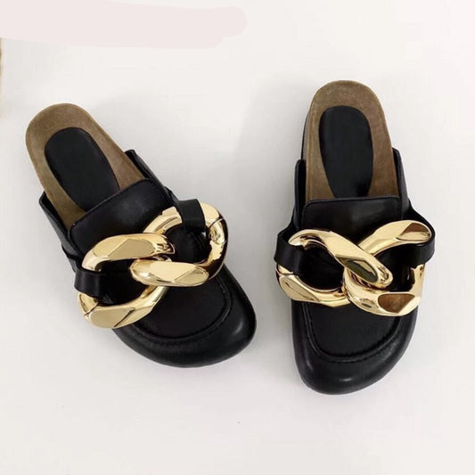 SUOJIALUN Brand Design Women Slipper Fashion Big Gold Chain Sandals Shoes Round Toe Slip On Mules Flat Heel Casual Slides Flip F