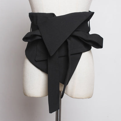 [EAM] Black Cloth Asymmetrical Bow Bandage Wide Belt Personality Women New Fashion Tide All-match Spring Autumn 2022 1A778