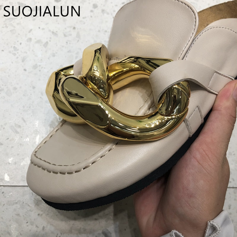 SUOJIALUN Brand Design Women Slipper Fashion Big Gold Chain Sandals Shoes Round Toe Slip On Mules Flat Heel Casual Slides Flip F