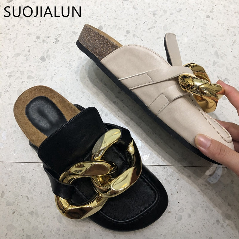 SUOJIALUN Brand Design Women Slipper Fashion Big Gold Chain Sandals Shoes Round Toe Slip On Mules Flat Heel Casual Slides Flip F