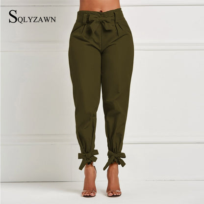 Solid Color Trousers with Waist Belt Bow.