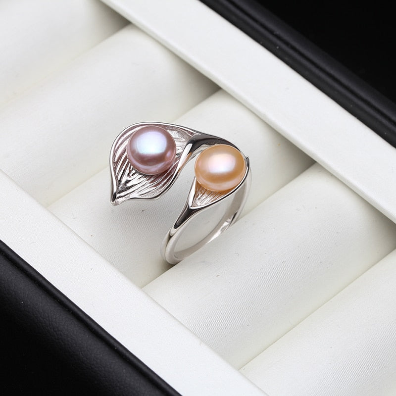 Wedding Real Natural Freshwater White Black Double Pearl Ring Boho Fashion Leaf 925 Sterling Silver Rings For Women