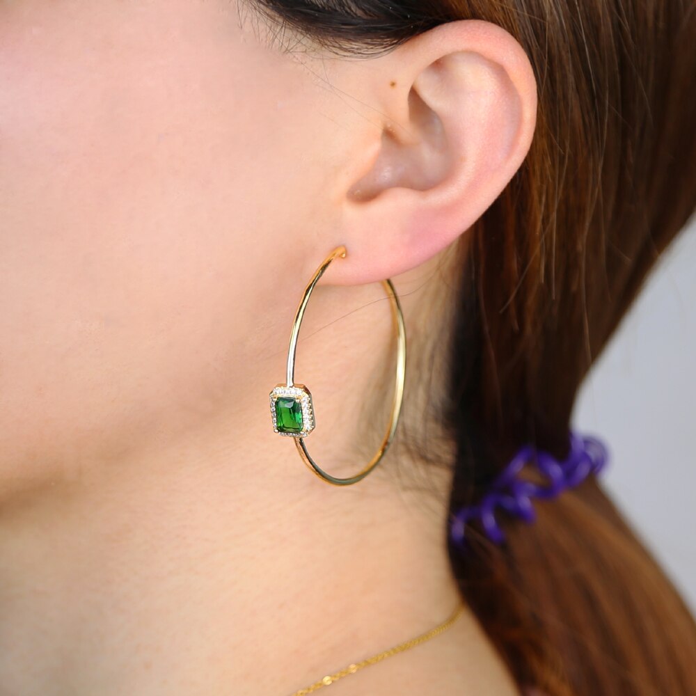 Gold color green baguette cz hoop earring big round circle hoop trendy fashion women jewelry