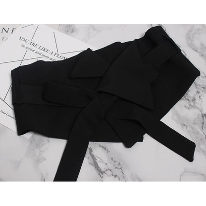 [EAM] Black Cloth Asymmetrical Bow Bandage Wide Belt Personality Women New Fashion Tide All-match Spring Autumn 2022 1A778