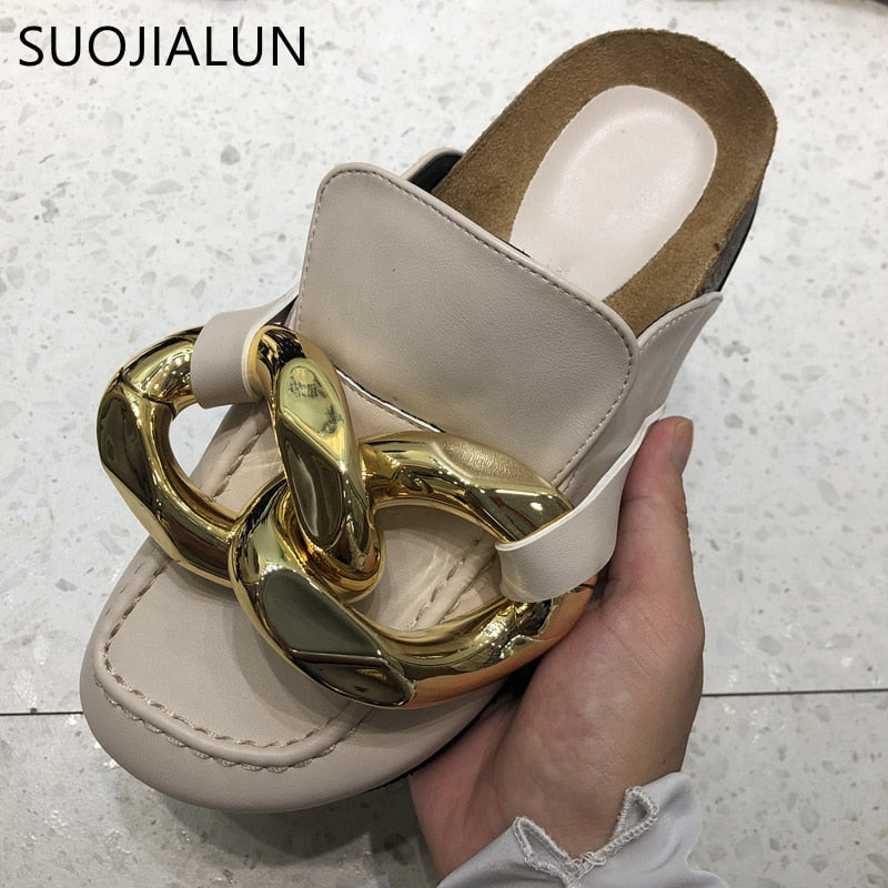 SUOJIALUN Brand Design Women Slipper Fashion Big Gold Chain Sandals Shoes Round Toe Slip On Mules Flat Heel Casual Slides Flip F