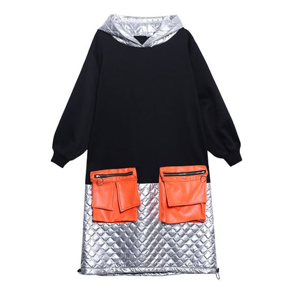 Loose fit hoodie/casual style patchwork mini dress