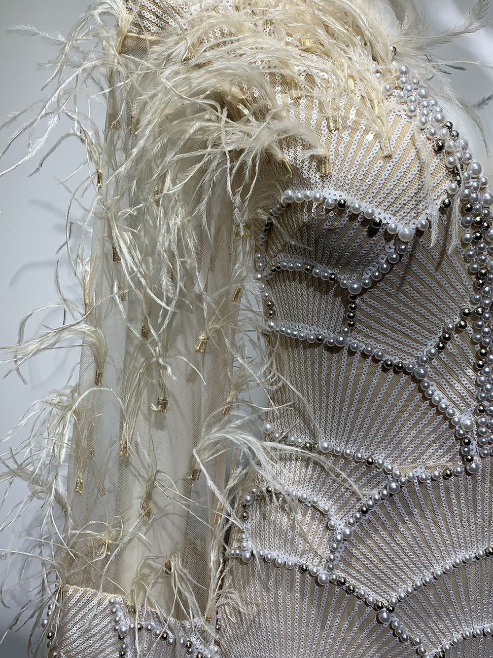 Embroidered evening dress, with feathers.