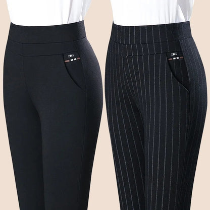 For Middle Aged Women, Elastic Waist Casual Straight Pants, for Spring and Autum / Female Trousers / Lady Stripe Pencil Pants / Black Pants