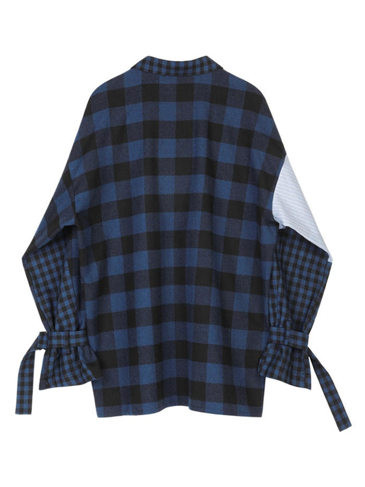 [EAM] Women Dark Blue Striped Big Size  Blouse New Lapel Long Sleeve Loose Fit Shirt Fashion Tide Spring Autumn 2022 1Z254