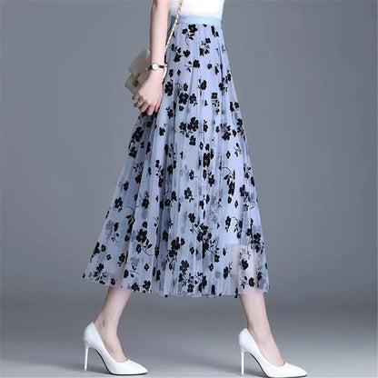 Mesh Floral Skirt for Women / Spring Summer Autumn Long Gauze Skirt High Waisted / Grace Fashion Puff Skirts