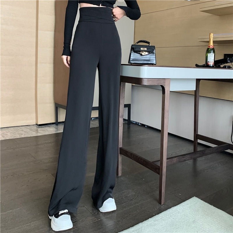 Summer Women's Suit Pants 2023 Sexy Straight Trousers Womens Fluid Black Ice Silk High Waist Korean Style Fashion Elegant Casual