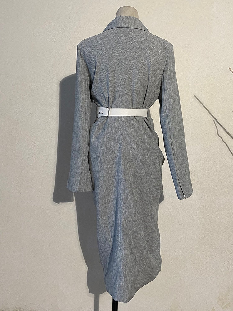 [EAM] Women Gray Pleated Knot Long Elegant Dress New V-collar Long Sleeve Loose Fit Fashion Tide Spring Summer 2022 1W485