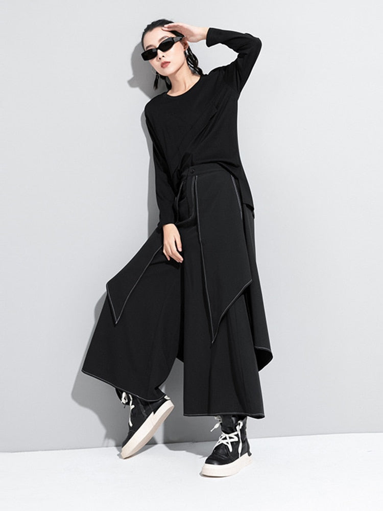 [EAM] High Waist Black Linen Split Joint Long Wide Leg Trousers New Loose Fit Pants Women Fashion Tide Spring Autumn 2022 1DA613