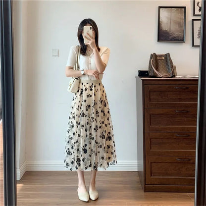 Mesh Floral Skirt for Women / Spring Summer Autumn Long Gauze Skirt High Waisted / Grace Fashion Puff Skirts