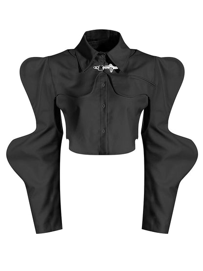 [EAM] Women Black Shaped Irregular Short Blouse New Lapel Long Sleeve Loose Fit Shirt Fashion Tide Spring Autumn 2022 1DE7398