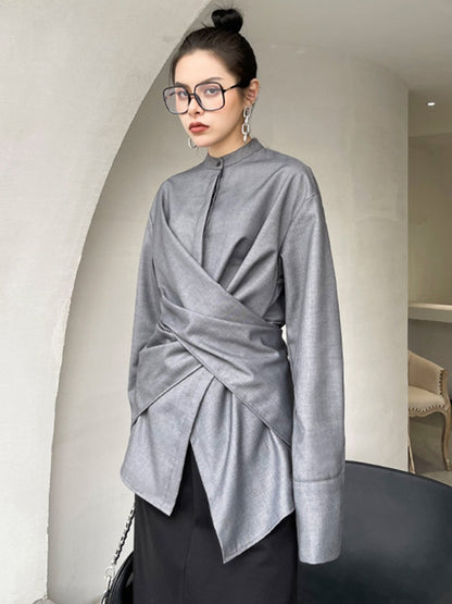 [EAM] Women Gray Irregular Knot Big Size Blouse New Stand Collar Long Sleeve Loose Fit Shirt Fashion Spring Autumn 2022 1DD58110