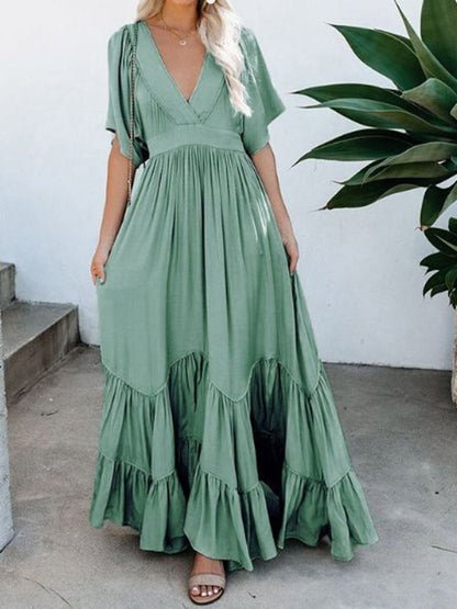 Loose maxi dress with ruffle hem, suitable for daily and beach wear.