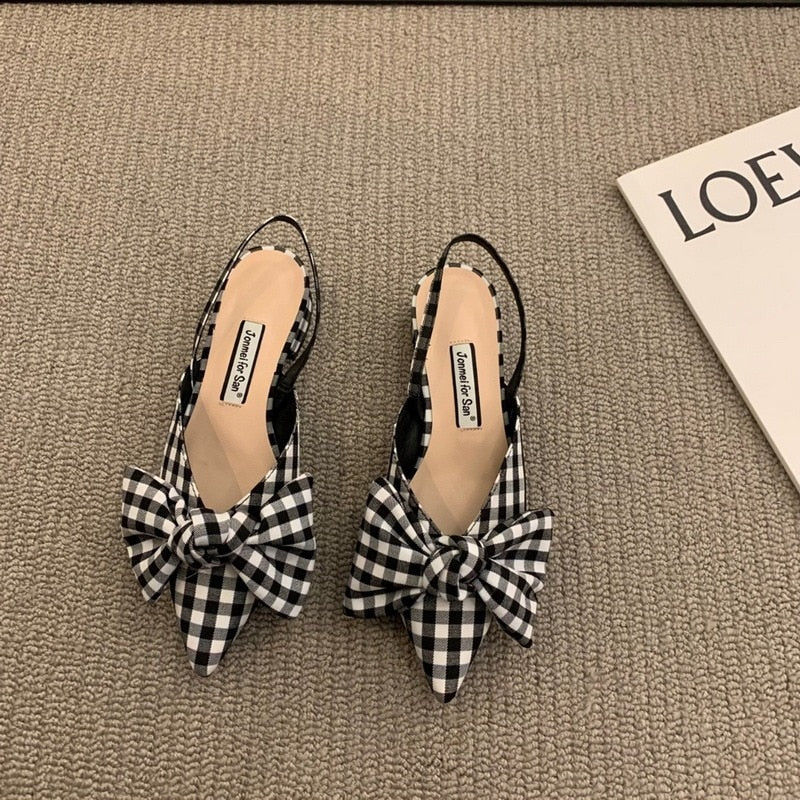 French Thick Heel Bowknot Sandals Women Summer 2022 New Elegant Medium Heel Women's shoes Fashion Grid Design Pumps sandales