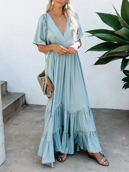 Loose maxi dress with ruffle hem, suitable for daily and beach wear.