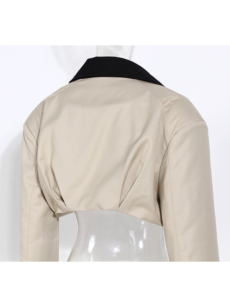 [EAM] Loose Fit Khaki Two Ways Wear Irregular Jacket New Lapel Long Sleeve Women Coat Fashion Tide Spring Autumn 2022 1DE7081