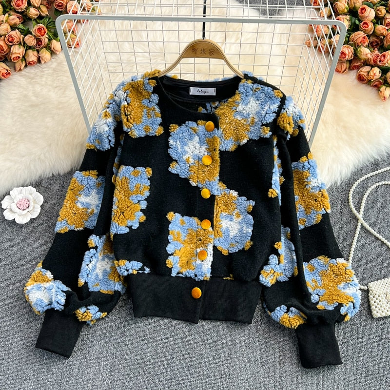 GetSpring Women Woolen Coat Retro Plush Flowers Patchwork new outfits Wool Jacket All Match Short Outwear winter coat for women