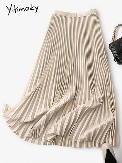 Yitimoky Long Pleated Skirts for Women 2023 Spring Fall Chic Elastic Band Fashion A Line Elegant Office Ladies Luxury Midi Skirt