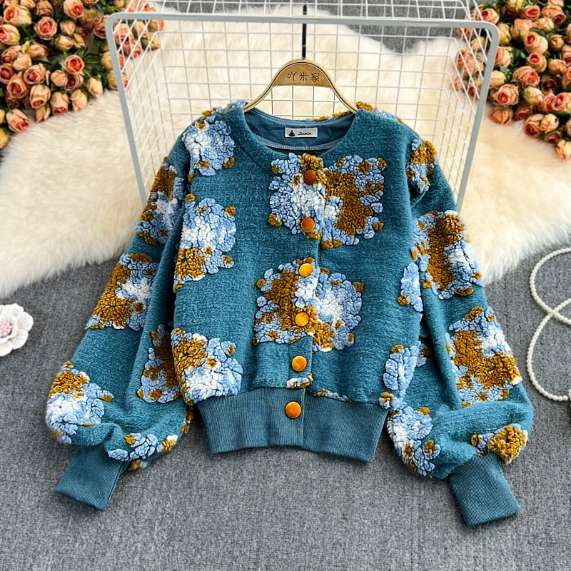 GetSpring Women Woolen Coat Retro Plush Flowers Patchwork new outfits Wool Jacket All Match Short Outwear winter coat for women