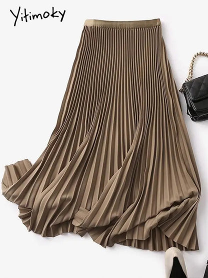 Yitimoky Long Pleated Skirts for Women 2023 Spring Fall Chic Elastic Band Fashion A Line Elegant Office Ladies Luxury Midi Skirt