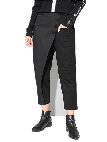 [EAM] 2022 New Spring Black Loose High Waist Flat Elastic Waist Women Fashion Tide Wide Leg Ankle-length Pants OA870