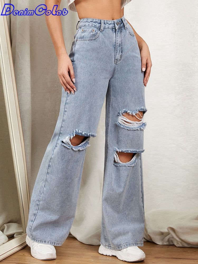 Denim With knee Hole, And Wide Pant Leg.