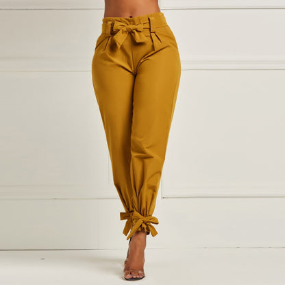 Solid Color Trousers with Waist Belt Bow.