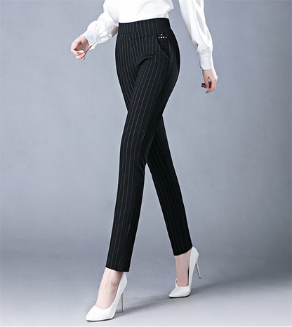 For Middle Aged Women, Elastic Waist Casual Straight Pants, for Spring and Autum / Female Trousers / Lady Stripe Pencil Pants / Black Pants