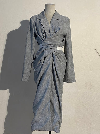 [EAM] Women Gray Pleated Knot Long Elegant Dress New V-collar Long Sleeve Loose Fit Fashion Tide Spring Summer 2022 1W485