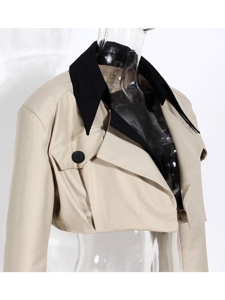 [EAM] Loose Fit Khaki Two Ways Wear Irregular Jacket New Lapel Long Sleeve Women Coat Fashion Tide Spring Autumn 2022 1DE7081