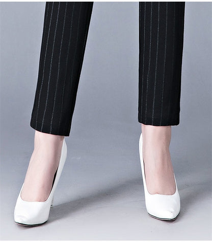 For Middle Aged Women, Elastic Waist Casual Straight Pants, for Spring and Autum / Female Trousers / Lady Stripe Pencil Pants / Black Pants