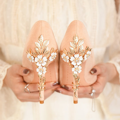 High-quality Wedding Shoes with Metal Flowers Designs on the back heels.