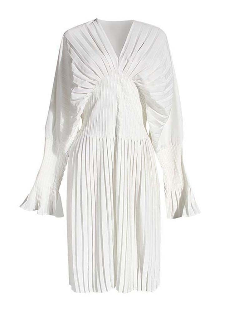 Women White Pleated Split Big Size Long Blouse New V-collar Long Sleeve Loose Fit Shirt.