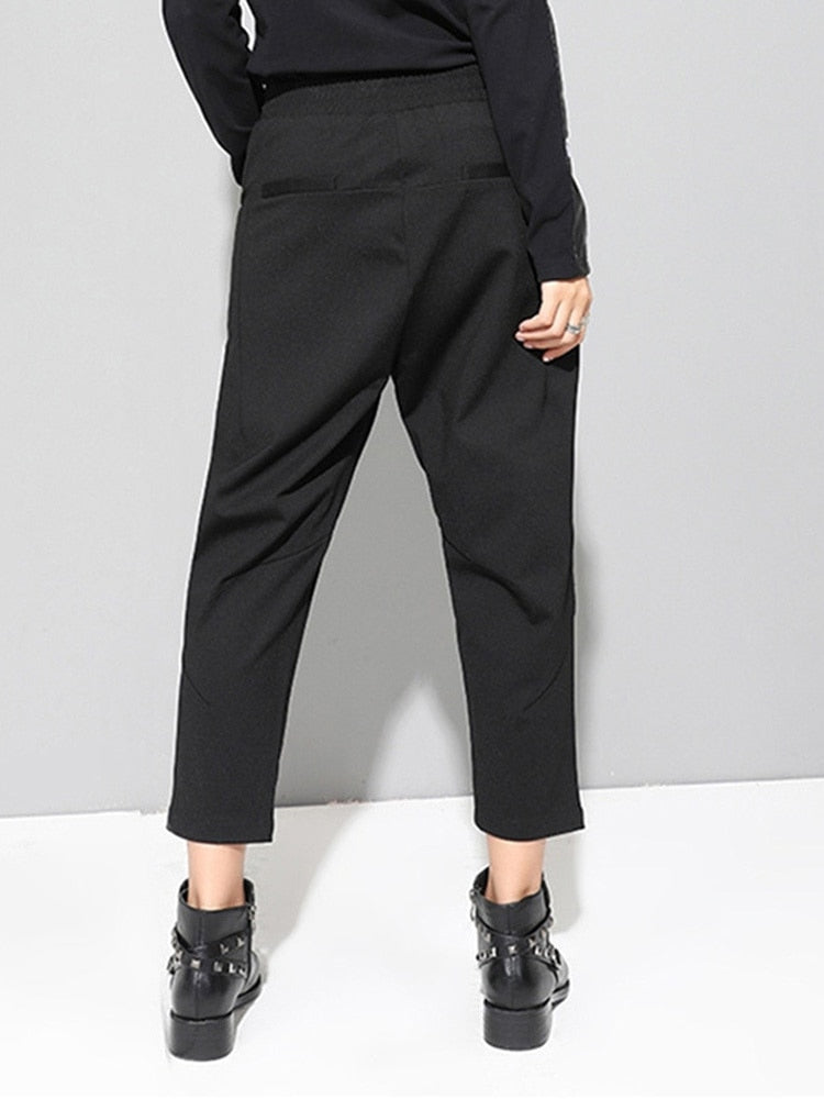 [EAM] 2022 New Spring Black Loose High Waist Flat Elastic Waist Women Fashion Tide Wide Leg Ankle-length Pants OA870