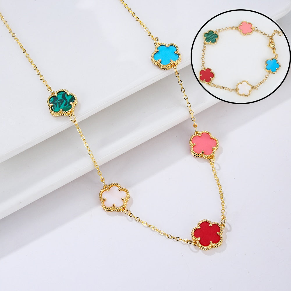 Natural Stone / Colorful Five-leaf Flower Necklace, Bracelet / Two Sets of Luxury Stainless Steel Jewelry / Women's Birthday Gift