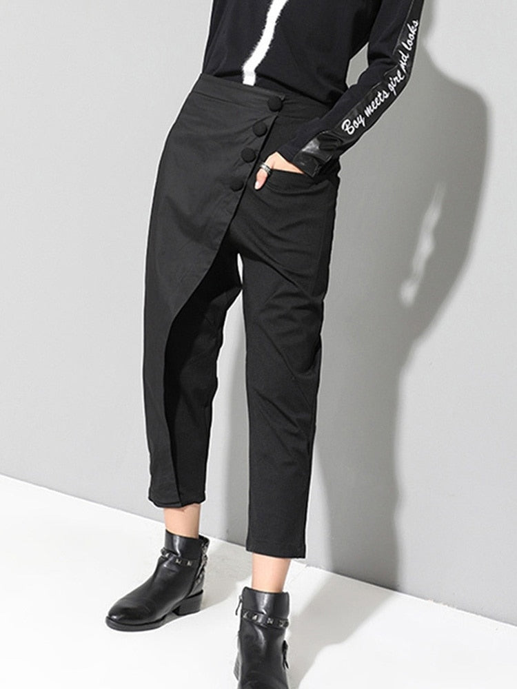 [EAM] 2022 New Spring Black Loose High Waist Flat Elastic Waist Women Fashion Tide Wide Leg Ankle-length Pants OA870