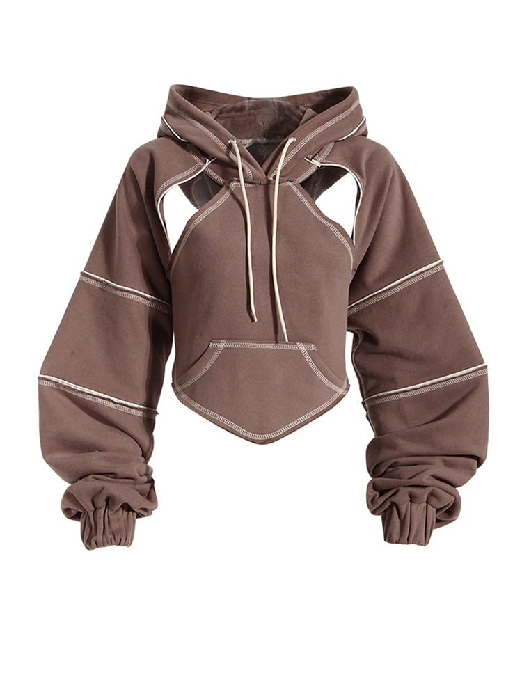 [EAM] Brown Back Bow Irregular Cut-out Sweatshirt New Hooded Long Sleeve Women Big Size Fashion Tide Spring Autumn 2022 1DF1820