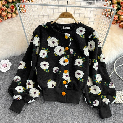 GetSpring Women Woolen Coat Retro Plush Flowers Patchwork new outfits Wool Jacket All Match Short Outwear winter coat for women