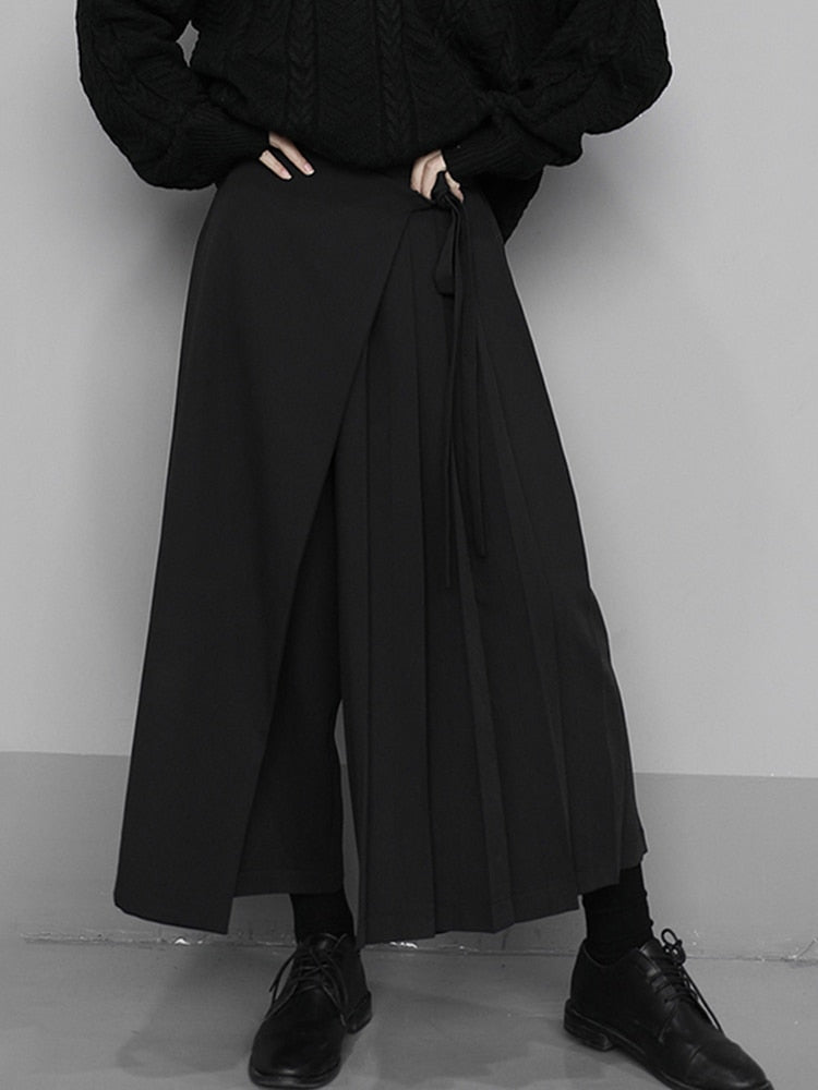 [EAM] High Elastic Waist Black Pleated Split Wide Leg Trousers New Loose Fit Pants Women Fashion Tide Spring Autumn 2022 1N666