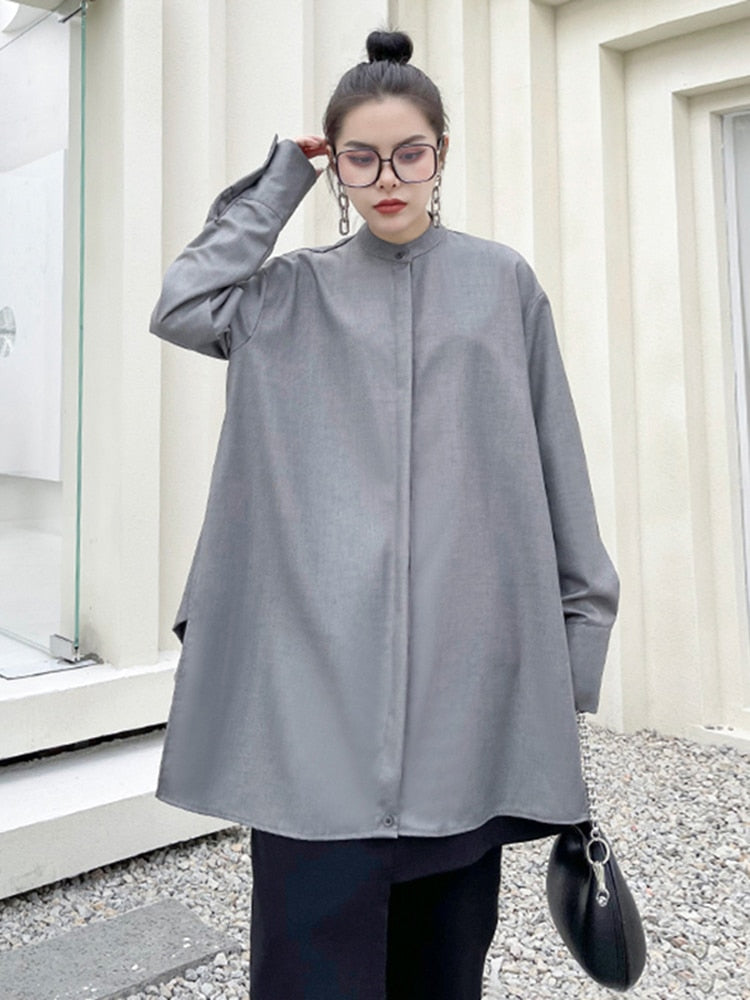 [EAM] Women Gray Irregular Knot Big Size Blouse New Stand Collar Long Sleeve Loose Fit Shirt Fashion Spring Autumn 2022 1DD58110