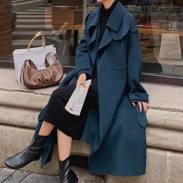 Wool coat With long belt / casual femme long coat women