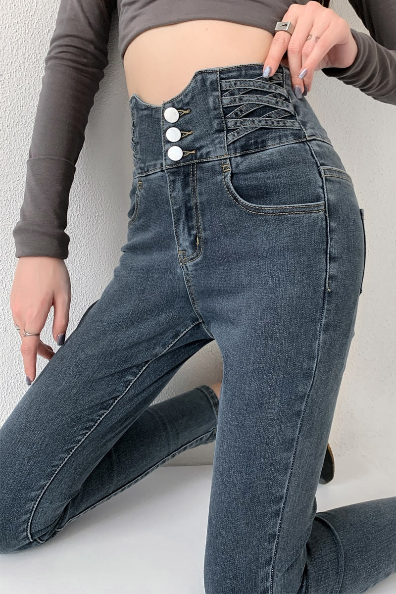 ZOENOVA  Skinny Pencil Jeans with Four Buttons High Waist / Slim Stretched Denim for women/ Pants / Tight Trousers / Women Pants